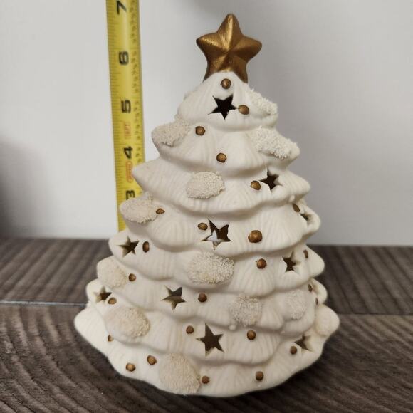 🎄 Vintage World Bazaars Porcelain Christmas Tree Votive Holder White Gold 7" - Picture 4 of 5